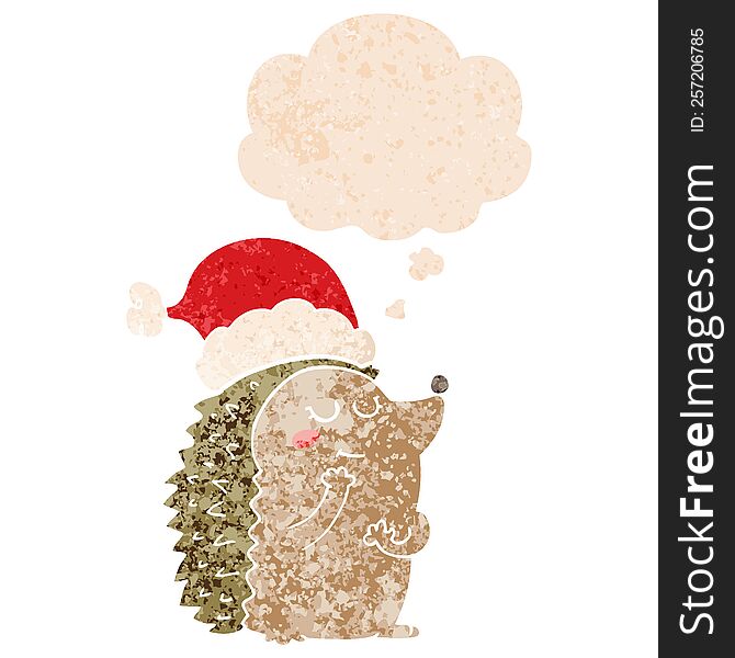Cartoon Hedgehog Wearing Christmas Hat And Thought Bubble In Retro Textured Style