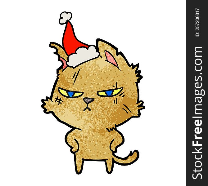 Tough Textured Cartoon Of A Cat Wearing Santa Hat