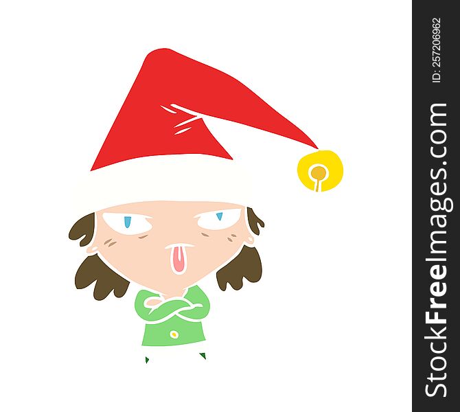 flat color style cartoon girl wearing christmas hat