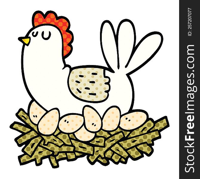 comic book style cartoon chicken on nest of eggs