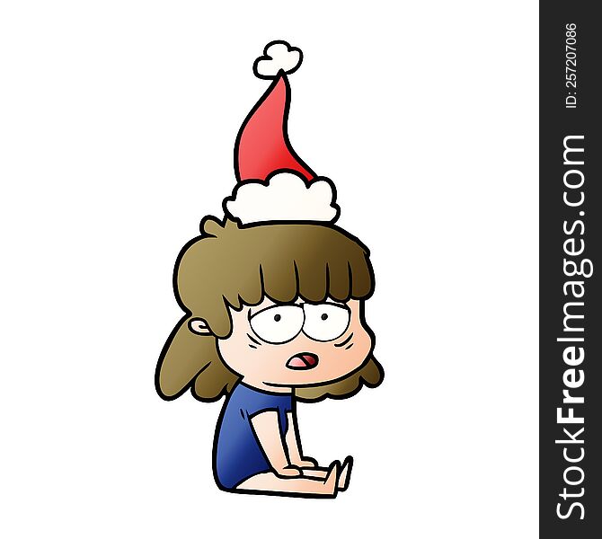 hand drawn gradient cartoon of a tired woman wearing santa hat