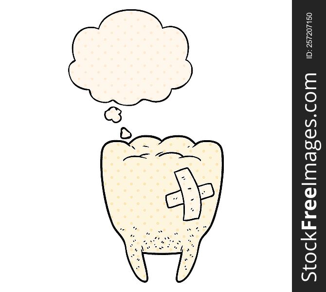 cartoon bad tooth with thought bubble in comic book style