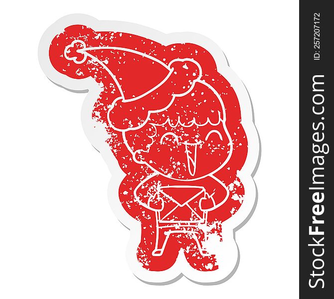 Cartoon Distressed Sticker Of A Happy Man Wearing Santa Hat