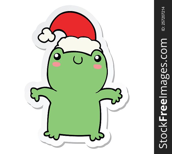 Sticker Of A Cute Cartoon Frog Wearing Christmas Hat