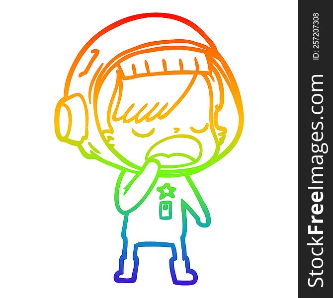 rainbow gradient line drawing of a cartoon astronaut woman yawning