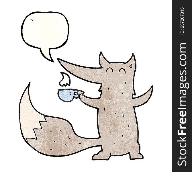 freehand speech bubble textured cartoon wolf with coffee cup
