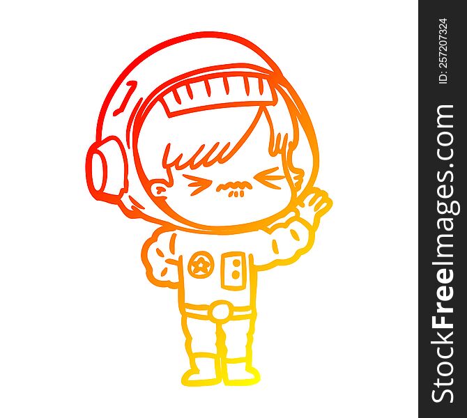 warm gradient line drawing of a angry cartoon space girl waving