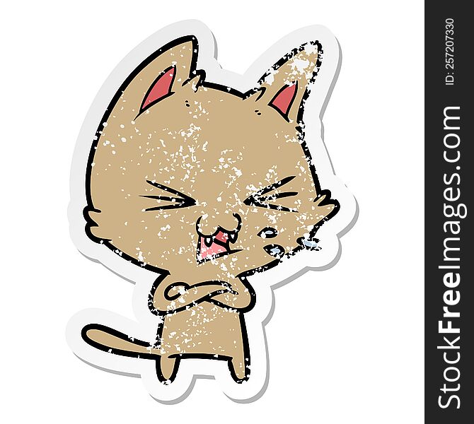 Distressed Sticker Of A Cartoon Cat Hissing