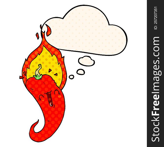 cartoon flaming hot chili pepper with thought bubble in comic book style