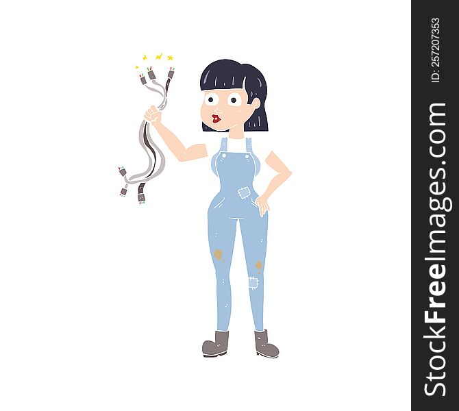 Flat Color Illustration Of A Cartoon Female Electrician