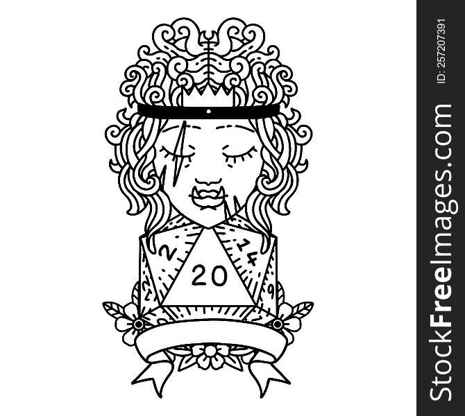 Black and White Tattoo linework Style half orc barbarian character with natural 20 dice roll. Black and White Tattoo linework Style half orc barbarian character with natural 20 dice roll