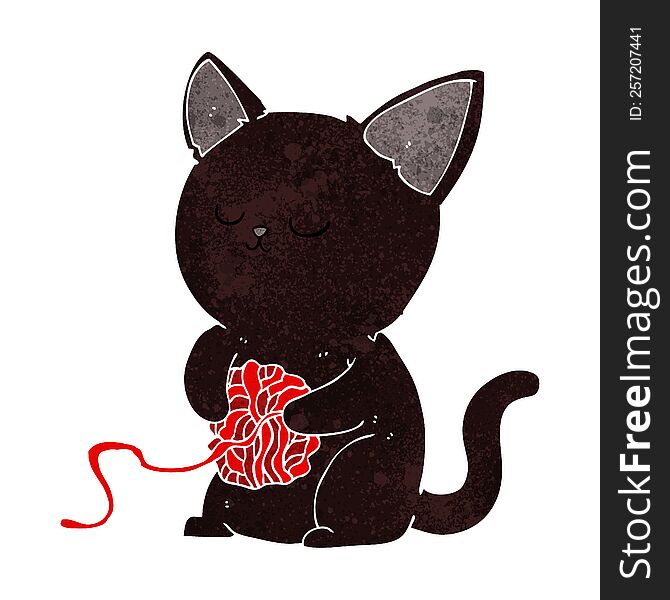 cartoon cute black cat playing with ball of yarn