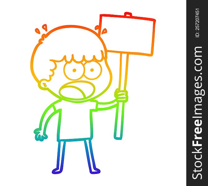 rainbow gradient line drawing cartoon shocked man with placard