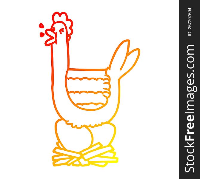 warm gradient line drawing of a cartoon hen sitting on nest