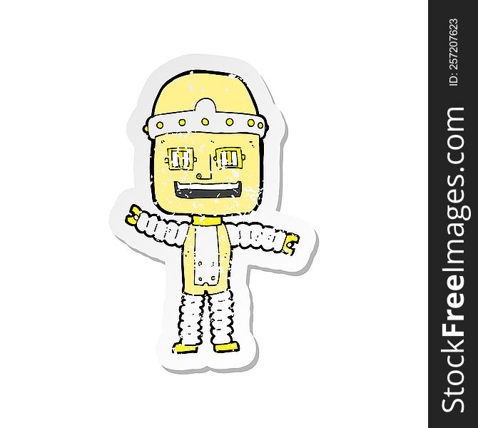 Retro Distressed Sticker Of A Cartoon Waving Robot