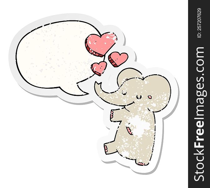 cartoon elephant with love hearts with speech bubble distressed distressed old sticker. cartoon elephant with love hearts with speech bubble distressed distressed old sticker