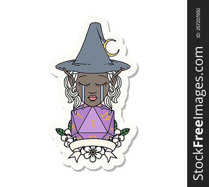sticker of a crying elf mage character with natural one dice roll. sticker of a crying elf mage character with natural one dice roll