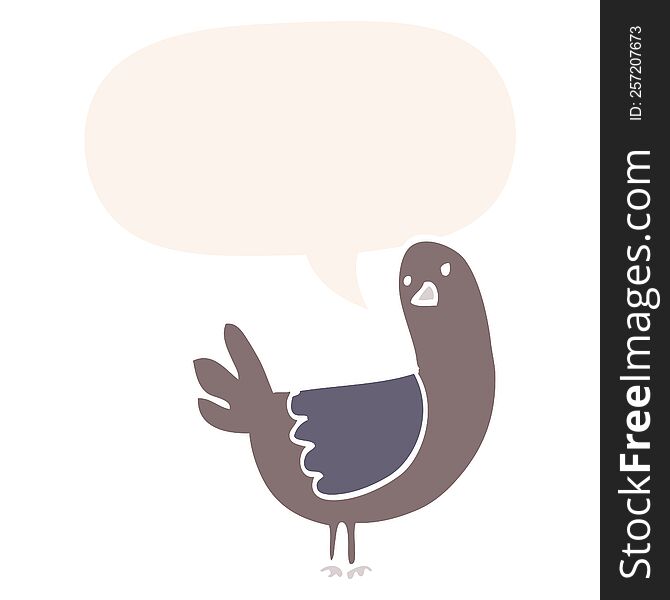 cartoon pigeon with speech bubble in retro style