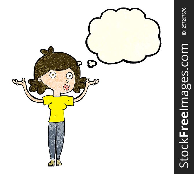 cartoon woman throwing arms in air with thought bubble