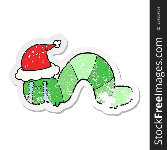 Distressed Sticker Cartoon Of A Caterpillar Obsessing Over His Regrets Wearing Santa Hat