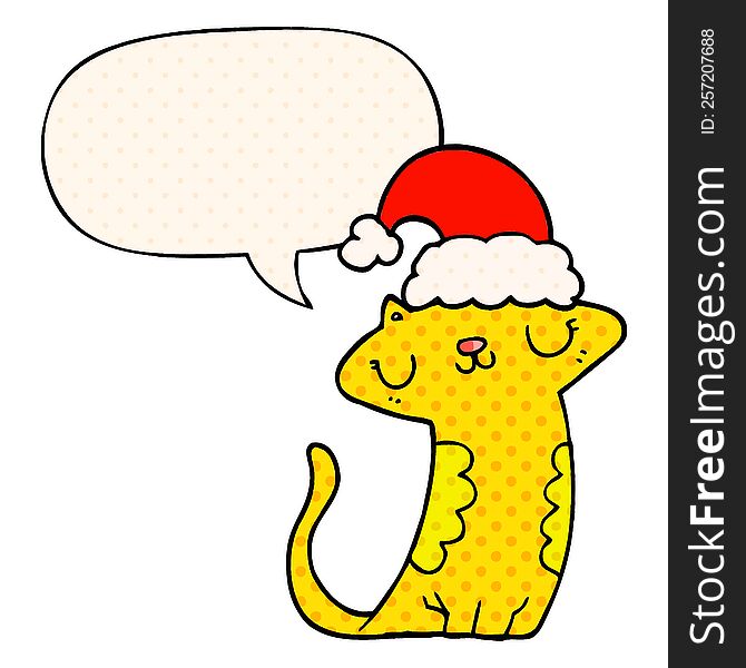 Cute Cartoon Cat Wearing Christmas Hat And Speech Bubble In Comic Book Style