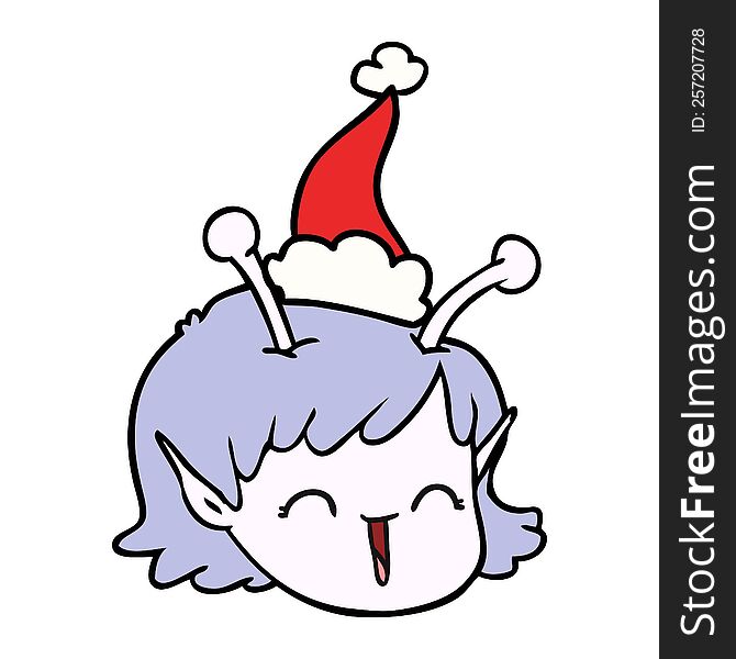 hand drawn line drawing of a alien space girl face wearing santa hat