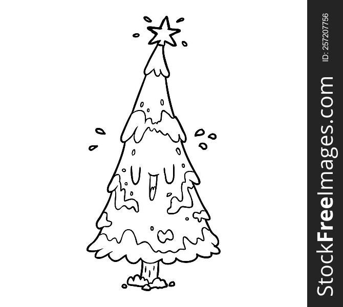 line drawing of a snowy christmas tree with happy face. line drawing of a snowy christmas tree with happy face