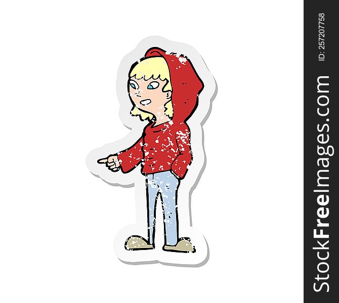 retro distressed sticker of a cartoon pointing teenager