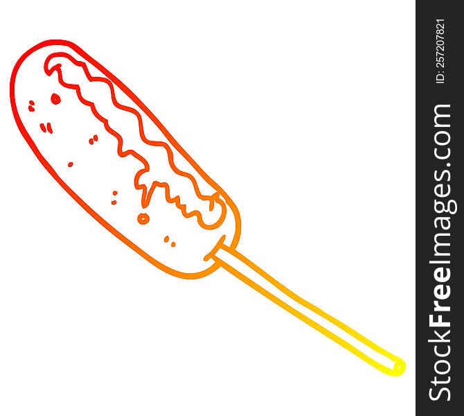 warm gradient line drawing of a cartoon hotdog on a stick