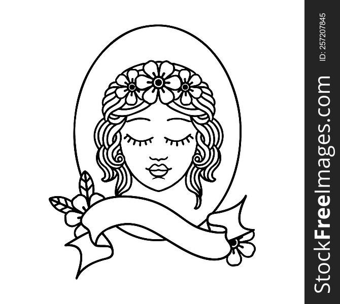 Black Linework Tattoo With Banner Of A Maiden With Eyes Closed
