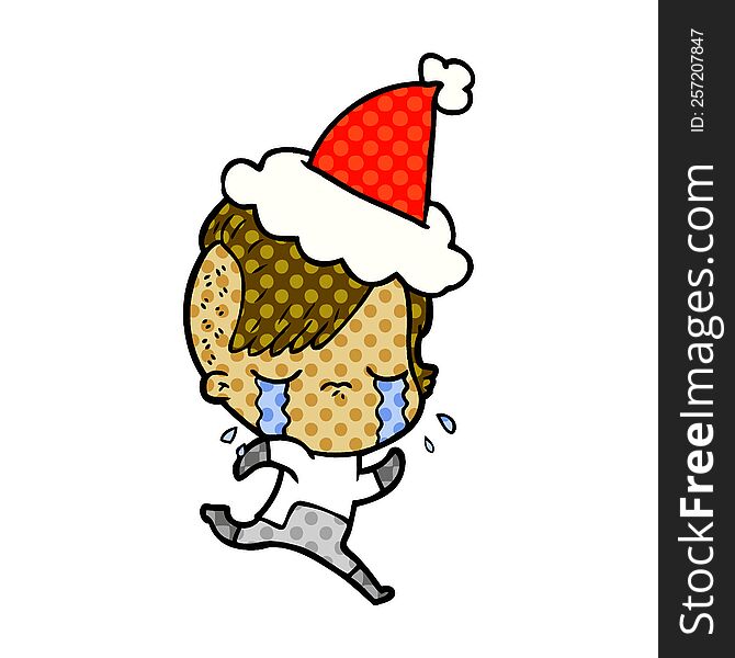 Comic Book Style Illustration Of A Crying Girl Wearing Space Clothes Wearing Santa Hat