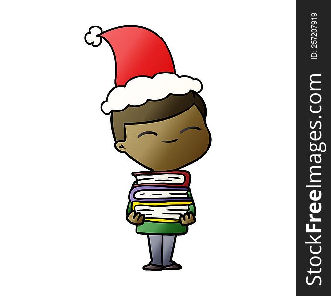 hand drawn gradient cartoon of a smiling boy with stack of books wearing santa hat