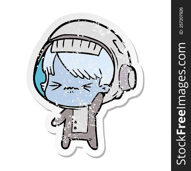 distressed sticker of a angry cartoon space girl waving