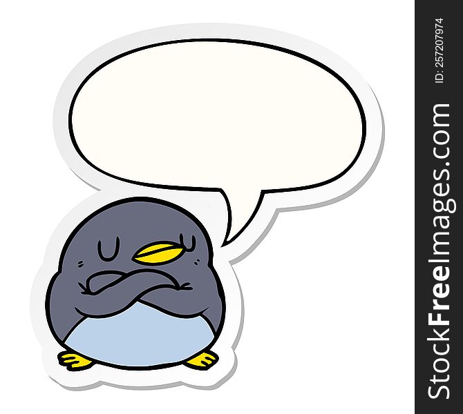 Cartoon Penguin And Crossed Arms And Speech Bubble Sticker