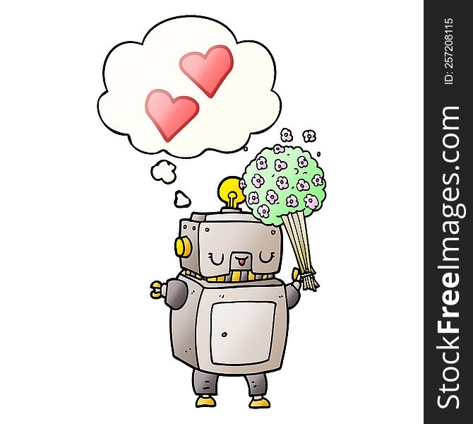 cartoon robot in love and thought bubble in smooth gradient style