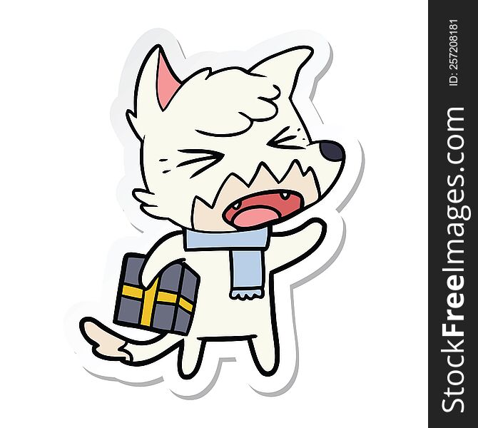 Sticker Of A Angry Cartoon Fox With Gift