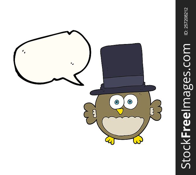 freehand drawn speech bubble cartoon owl in top hat