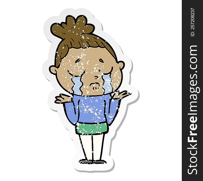 Distressed Sticker Of A Cartoon Crying Woman Shrugging