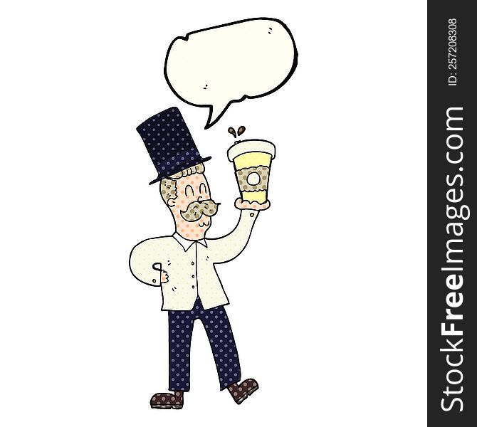 freehand drawn comic book speech bubble cartoon man with coffee cup