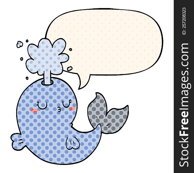 Cartoon Whale Spouting Water And Speech Bubble In Comic Book Style