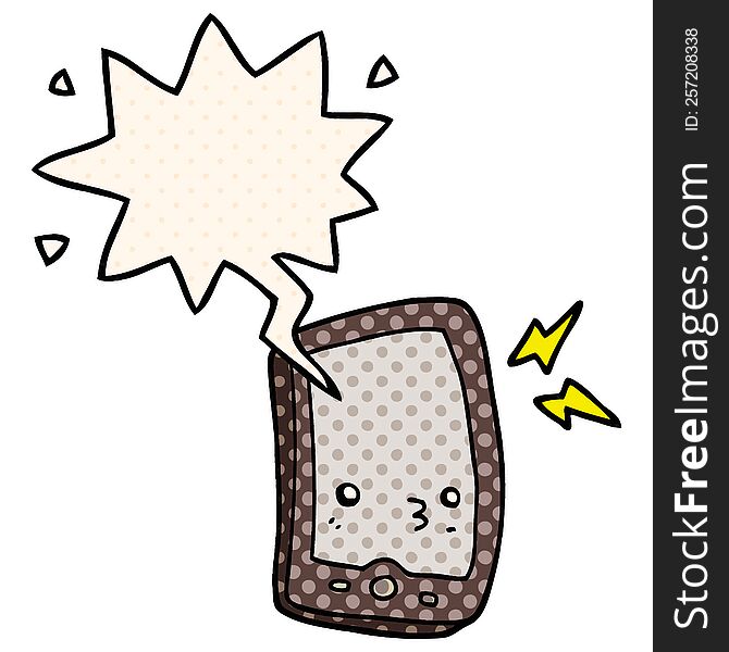 cartoon mobile phone with speech bubble in comic book style