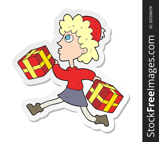 sticker of a cartoon running woman with presents