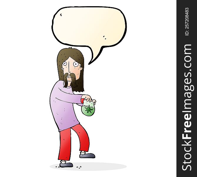 cartoon hippie man with bag of weed with speech bubble