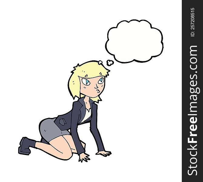 cartoon woman on hands and knees with thought bubble