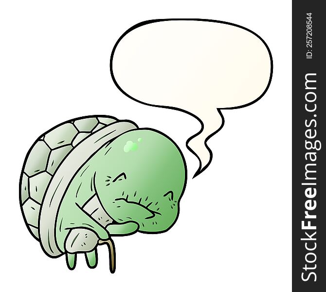 Cute Cartoon Old Turtle And Walking Stick And Speech Bubble In Smooth Gradient Style