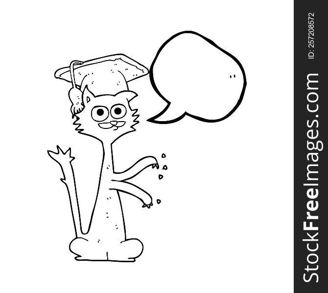 freehand drawn speech bubble cartoon cat scratching with graduation cap. freehand drawn speech bubble cartoon cat scratching with graduation cap