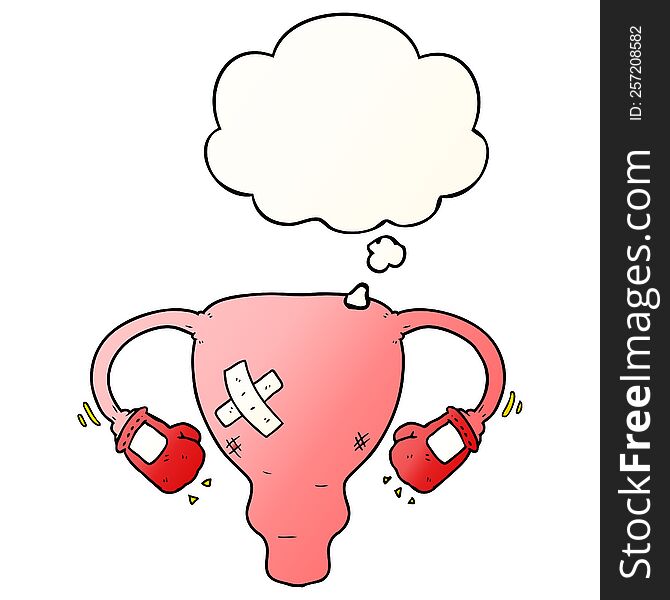 cartoon beat up uterus with boxing gloves and thought bubble in smooth gradient style