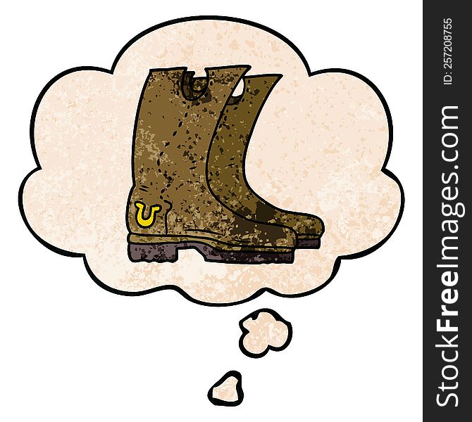 Cartoon Cowboy Boots And Thought Bubble In Grunge Texture Pattern Style