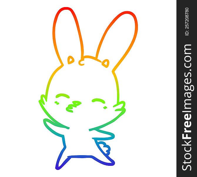 rainbow gradient line drawing of a curious waving bunny cartoon