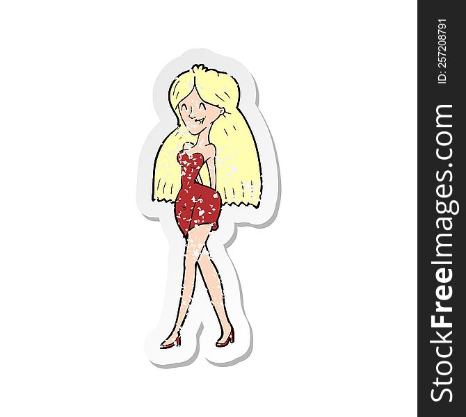 Retro Distressed Sticker Of A Cartoon Woman In Dress